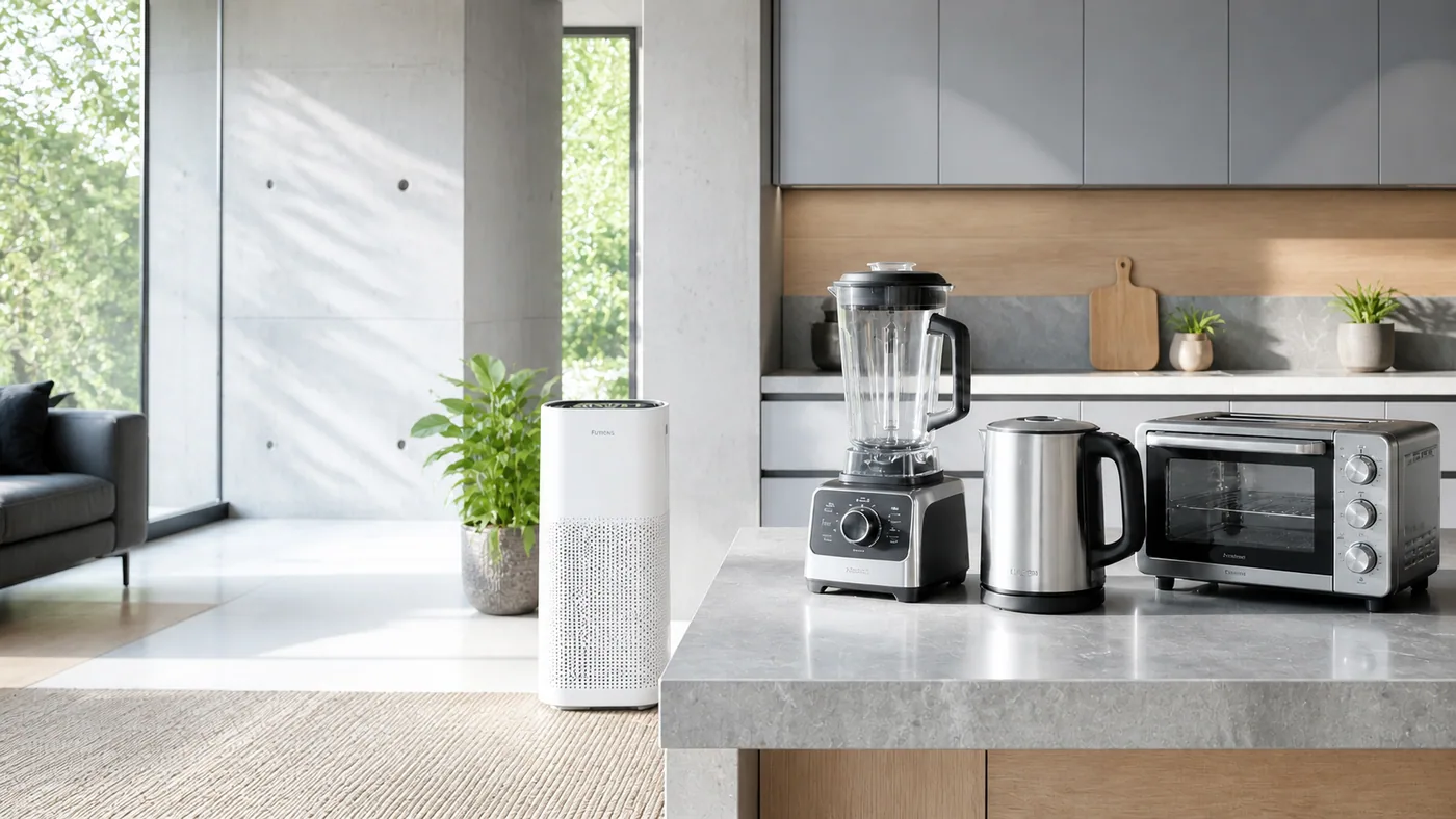 Blender, electric kettle, toaster oven, and air purifier in a modern home