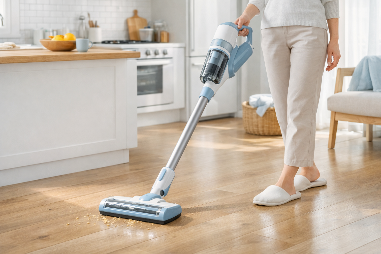 A cordless vacuum being used to clean a hardwood floor near a kitchen island