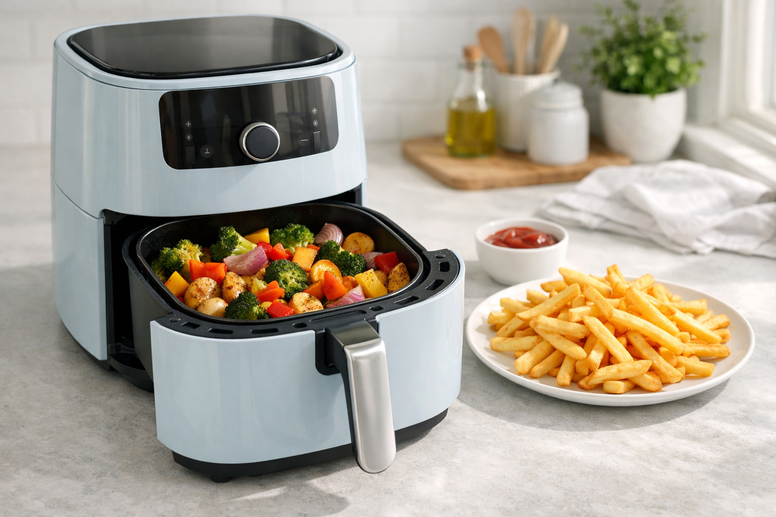 A basket air fryer on a kitchen counter with crisp vegetables and fries nearby