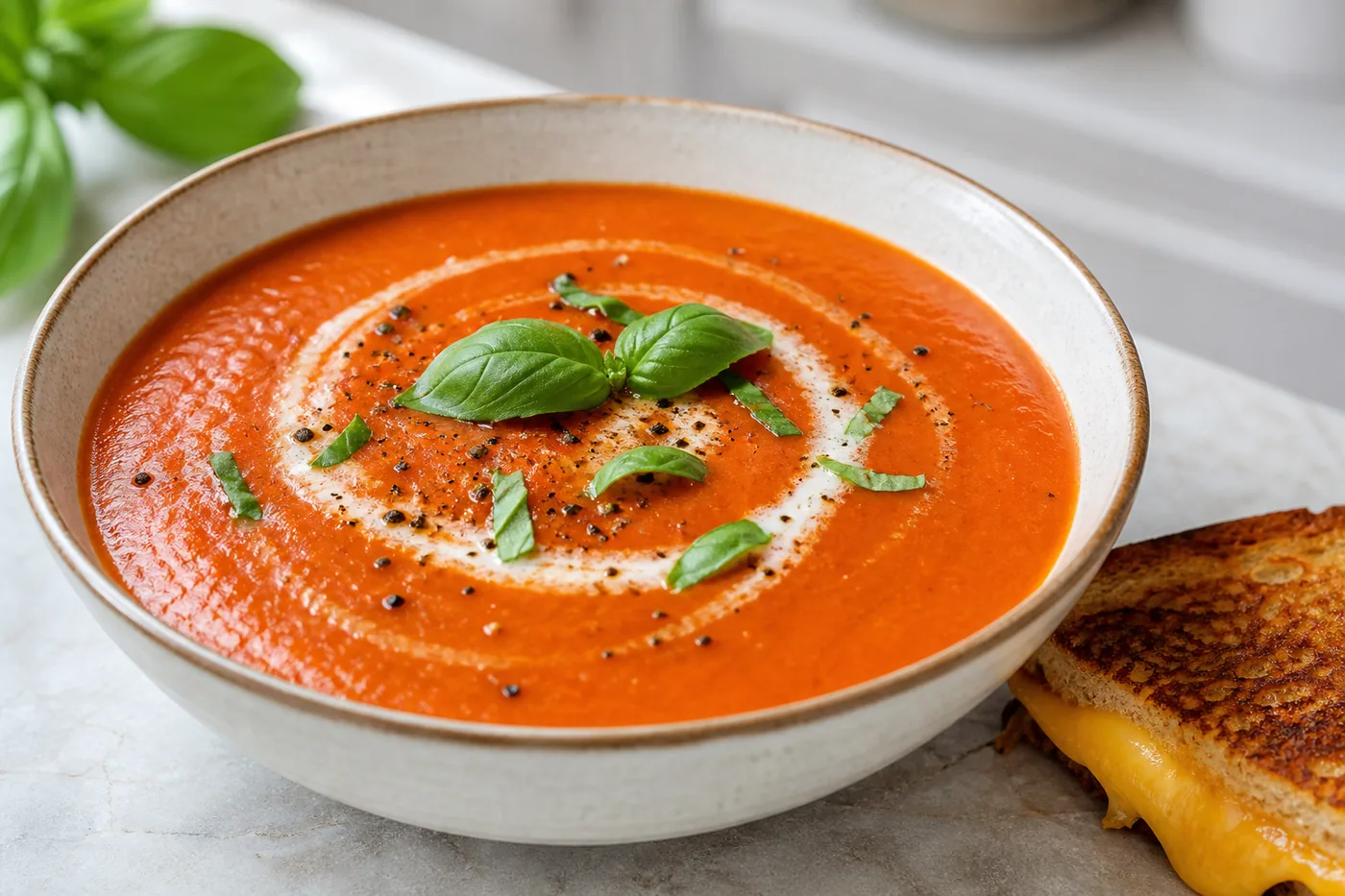 Roasted tomato basil bisque with cream and basil
