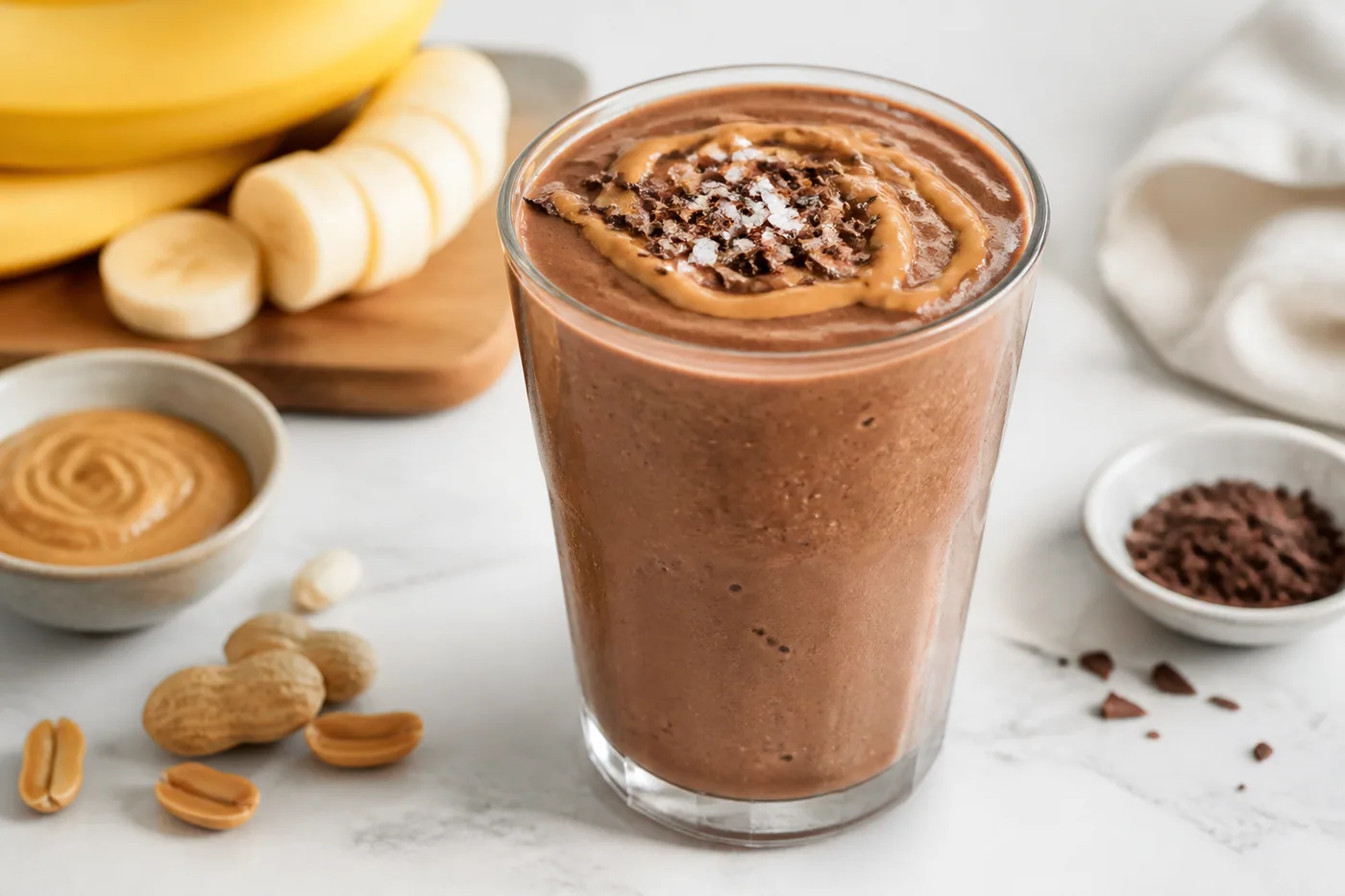 Salted chocolate peanut butter banana shake in a chilled glass