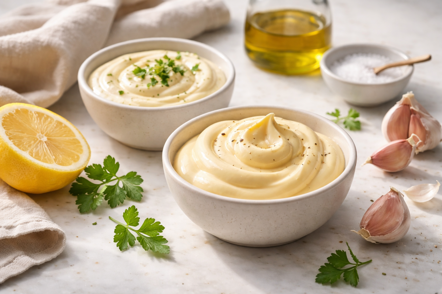 Silky homemade mayonnaise and aioli prepared and ready to serve