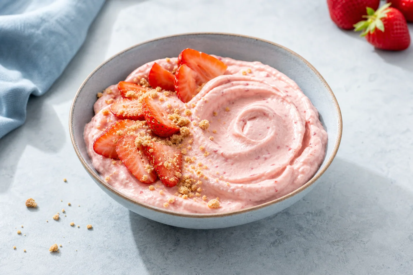 Strawberry cheesecake frozen yogurt with fresh strawberries and graham cracker crumbs