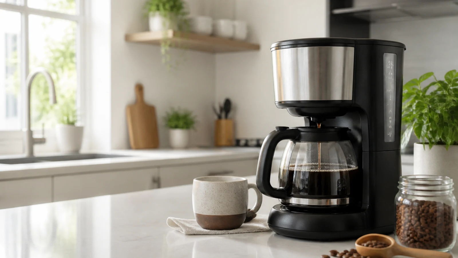 Fresh coffee being poured beside a modern coffee maker in a bright kitchen