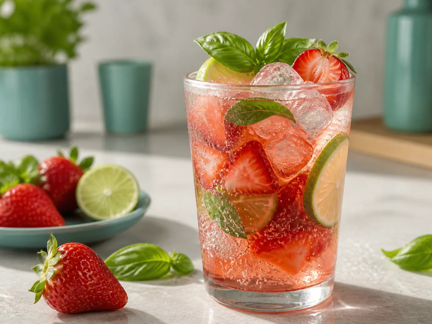 Strawberry Basil Spritz served and ready to eat