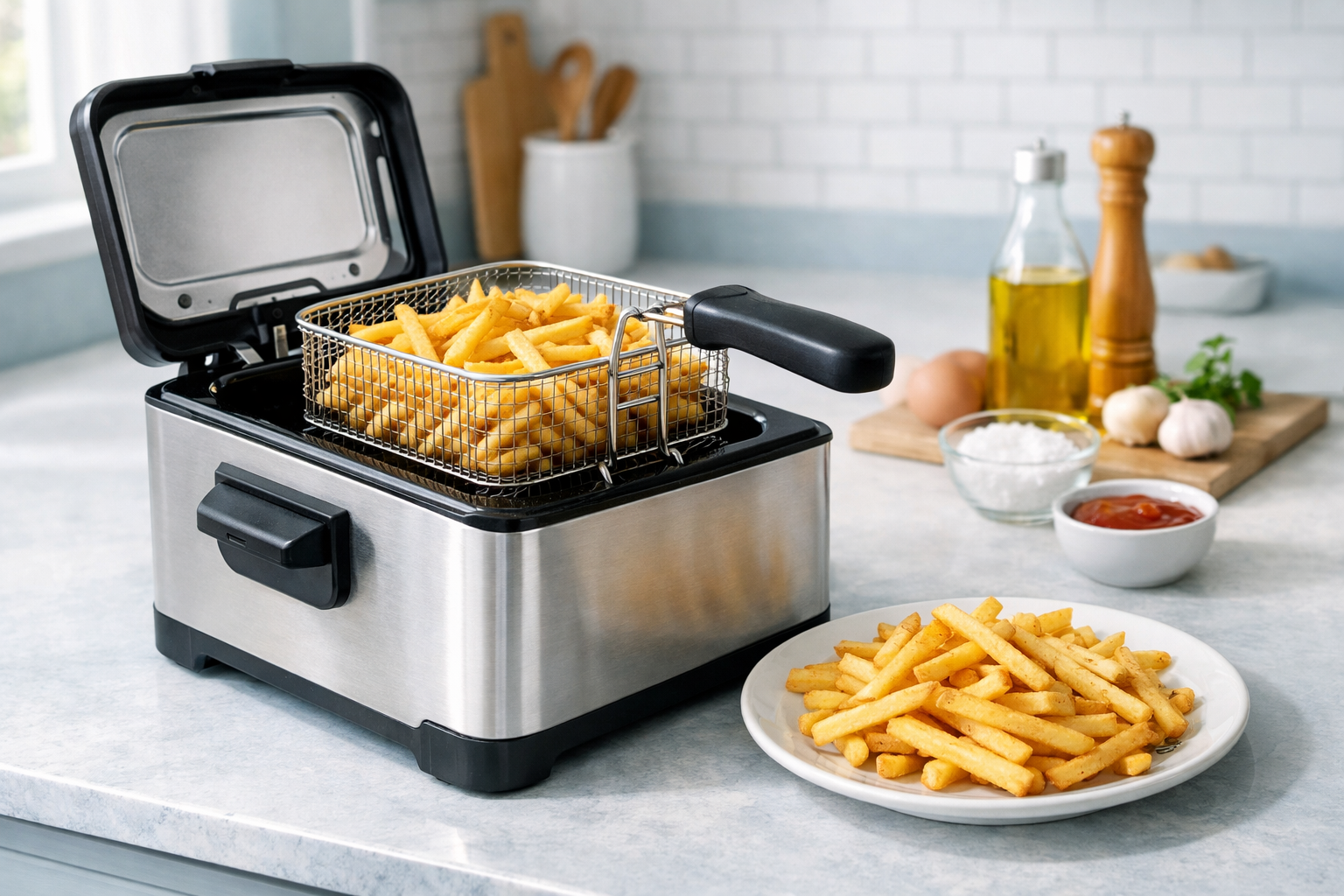 A countertop deep fryer with a basket of golden fries in a home kitchen