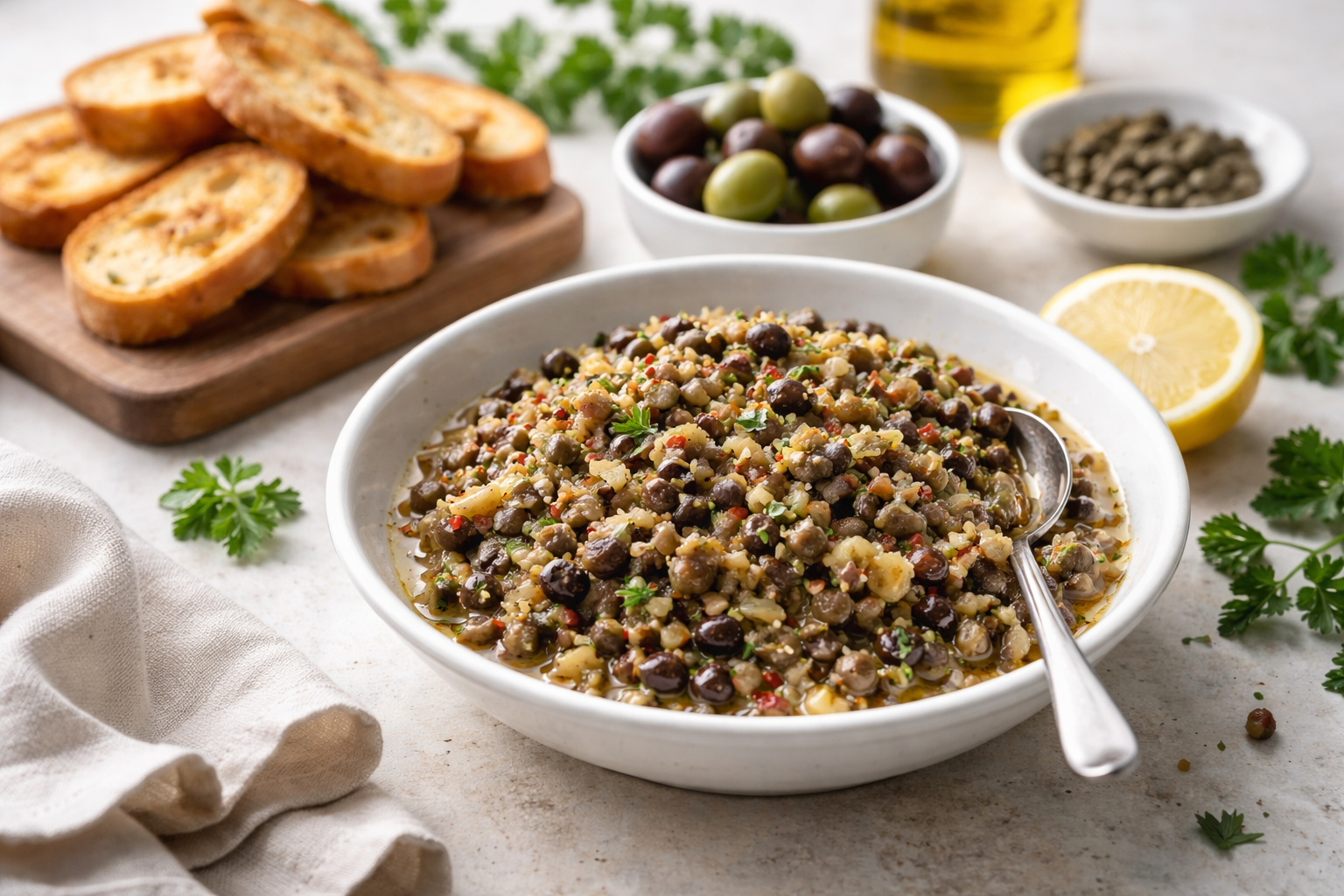 No-Cook Olive Tapenade prepared and ready to serve
