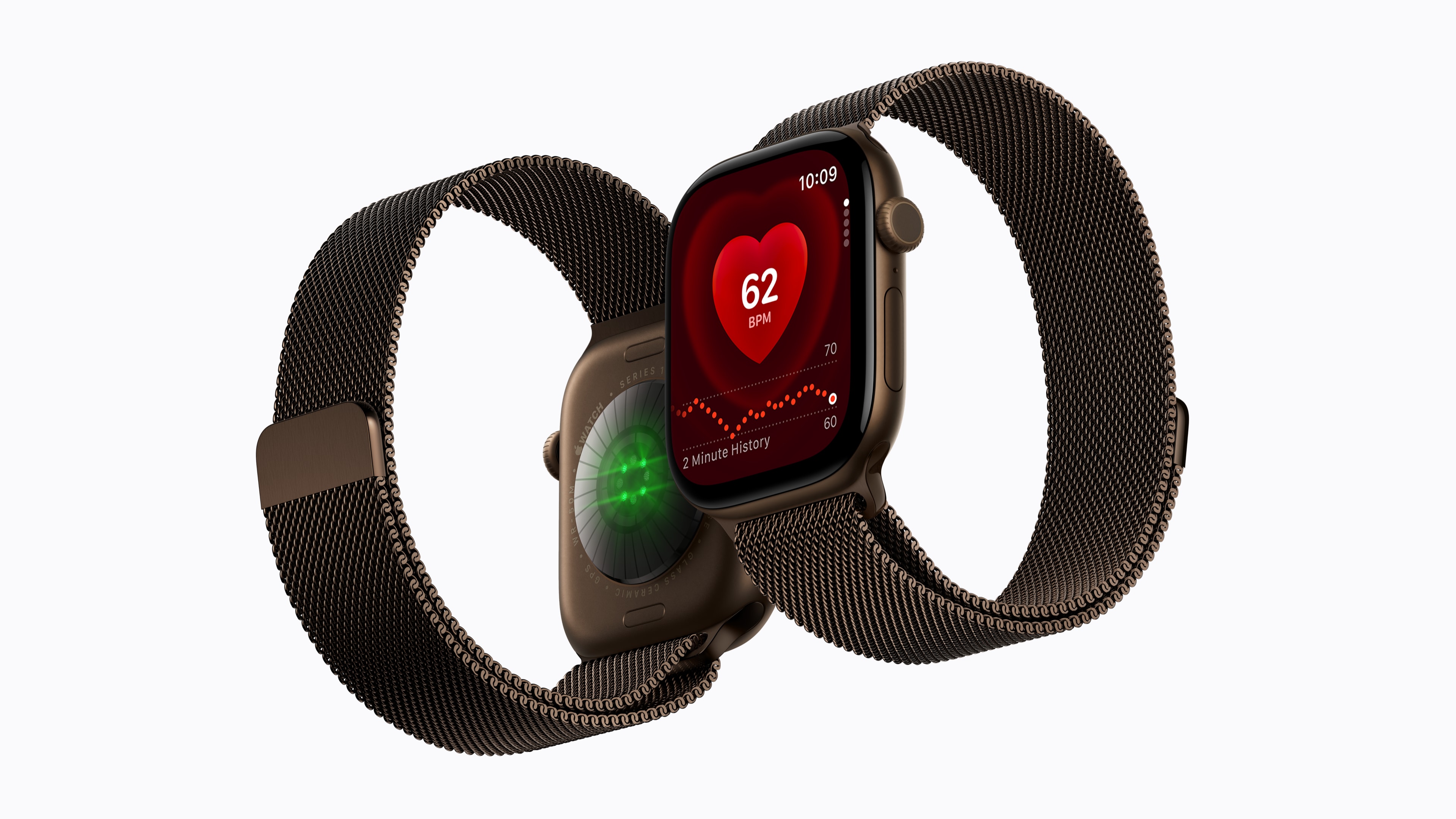 Two Apple Watch Series 12 models showing the display and rear sensors