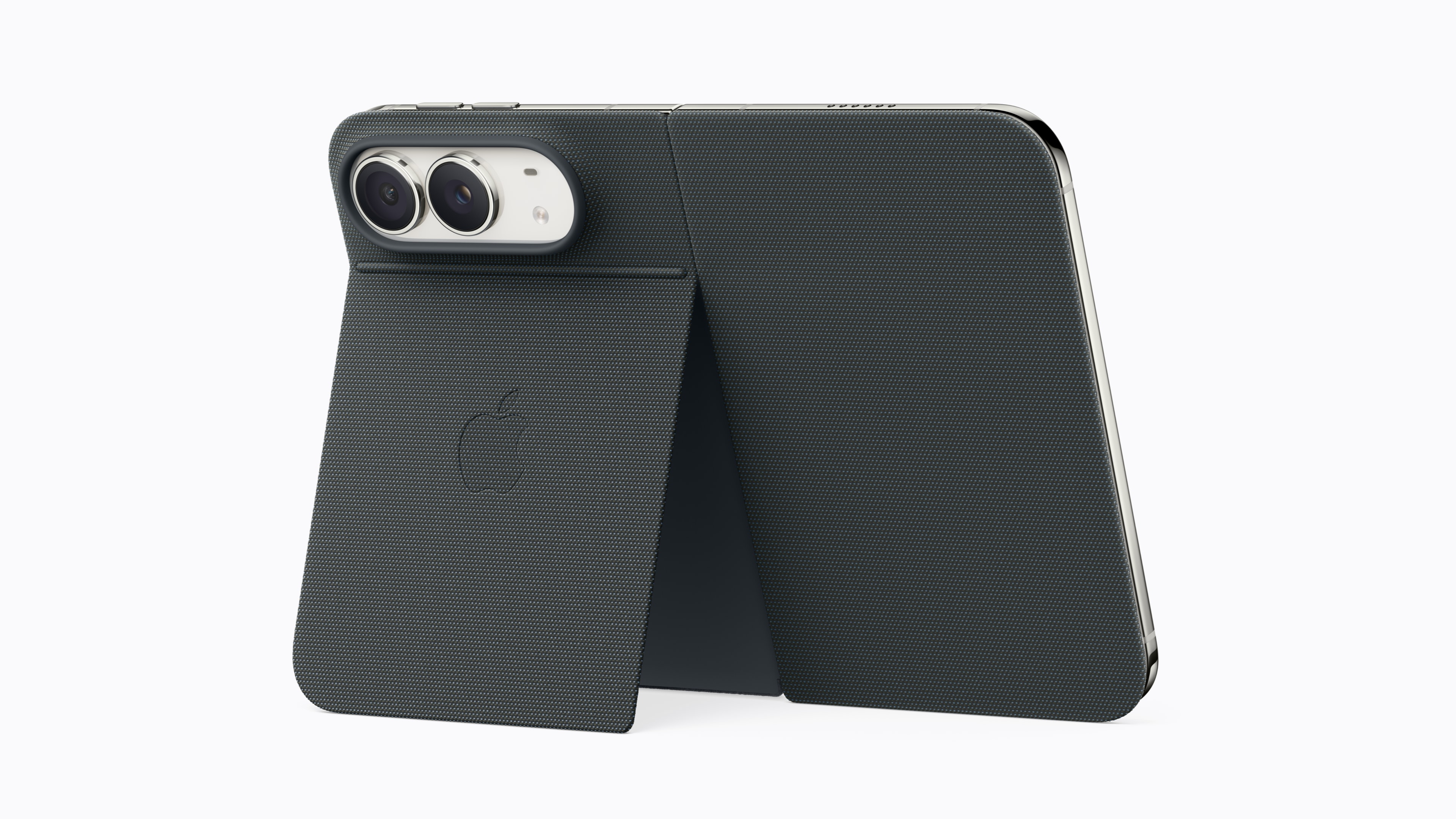 iPhone Duo partially folded in Apple's navy blue folio and standing on a table