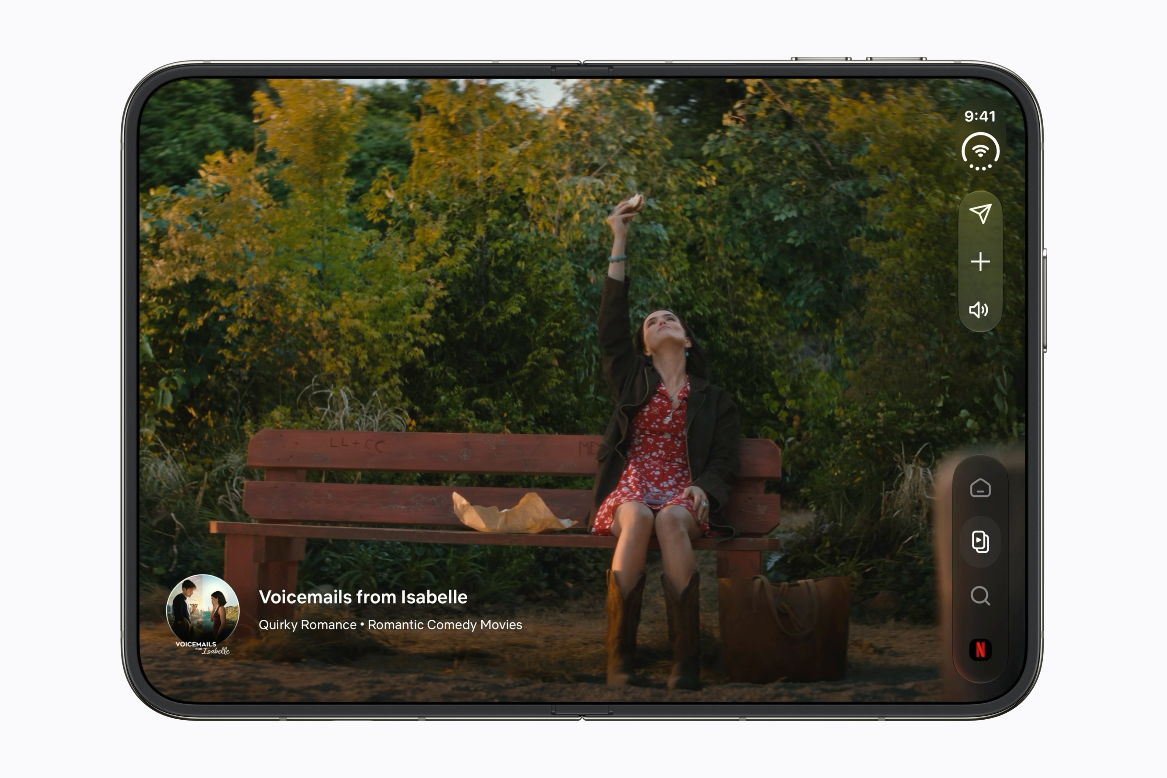 iPhone Duo fully open in landscape with Netflix playing across the inner display