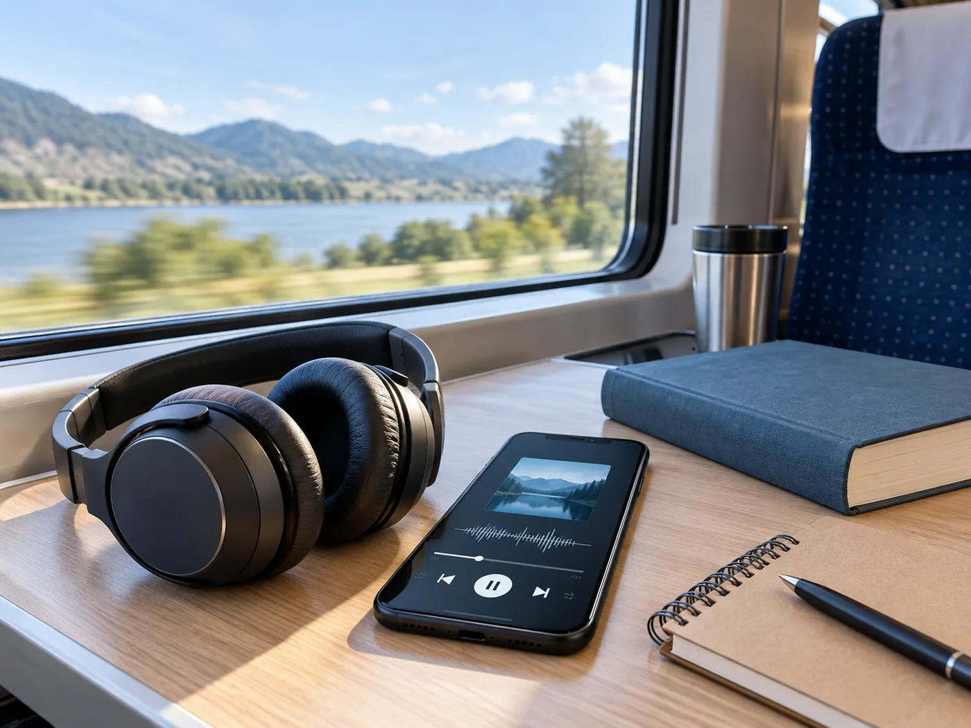 Headphones, a phone playing an audiobook, and a hardcover book on a train table